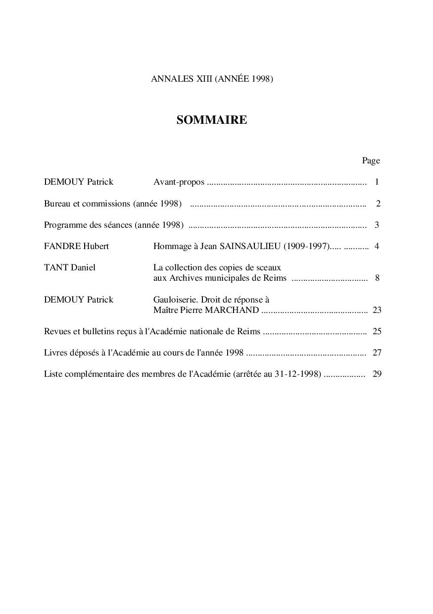 Annales XIII sommaire